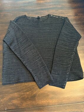 Eileen Fisher Silk Linen & Organic Cotton Sweater Black Beige Weave Knit PS